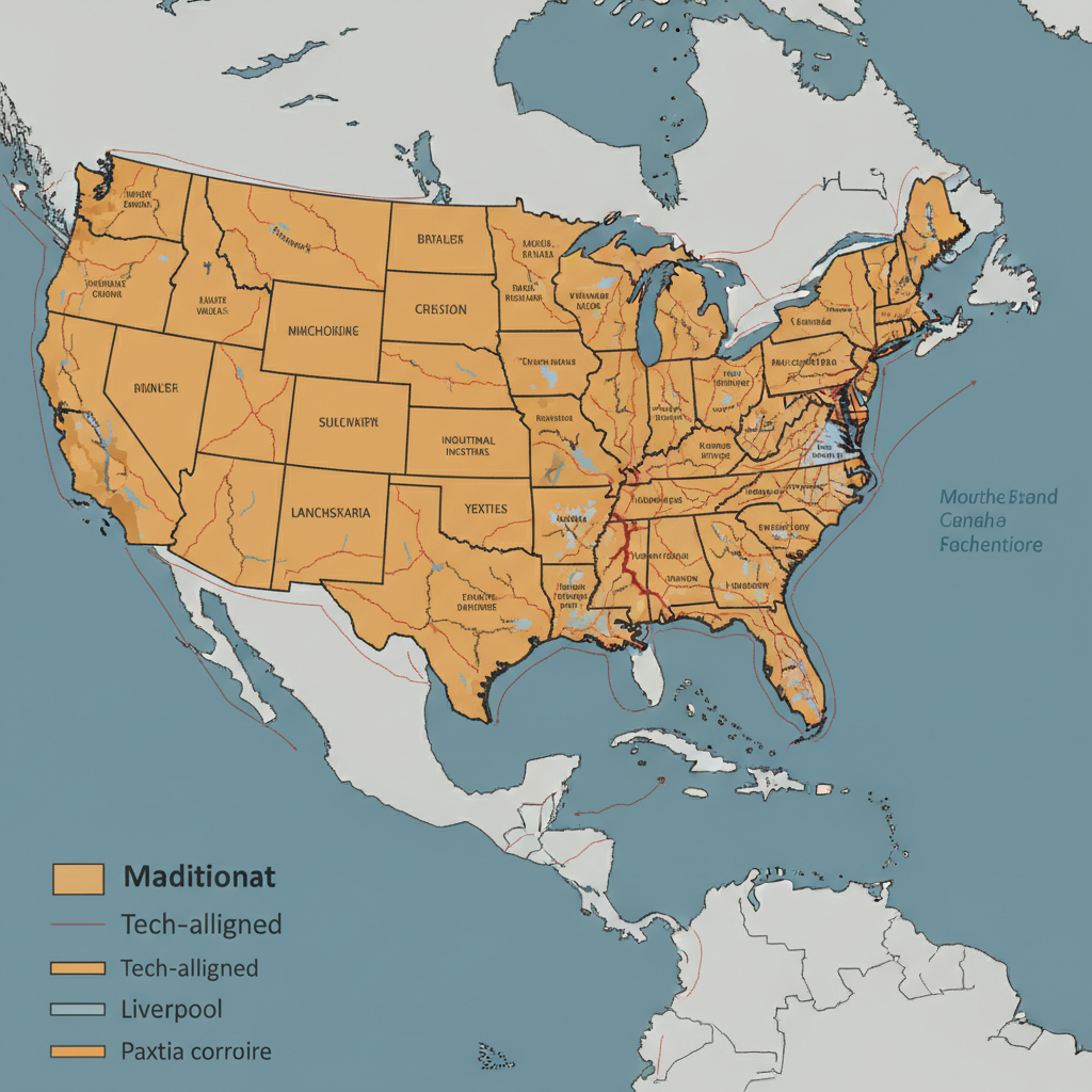 flat color political map, clean cartographic style, muted earth tones, no 3D effects, geographic clarity, professional map illustration, minimal ornamentation, clear typography, restrained color coding, Flat 2D political map of the United States and Northwest England, clean vector lines, subtle two-tone coloration (warm amber for traditional industrial regions, cool silver for tech-aligned zones), fine red annotation lines tracing historical trade routes and new data corridors, a jagged, branching fault line splitting key counties and constituencies, directional lighting from the upper right casting thin shadows on text labels, atmosphere of quiet rupture—like a document under silent strain. [Nano Banana]