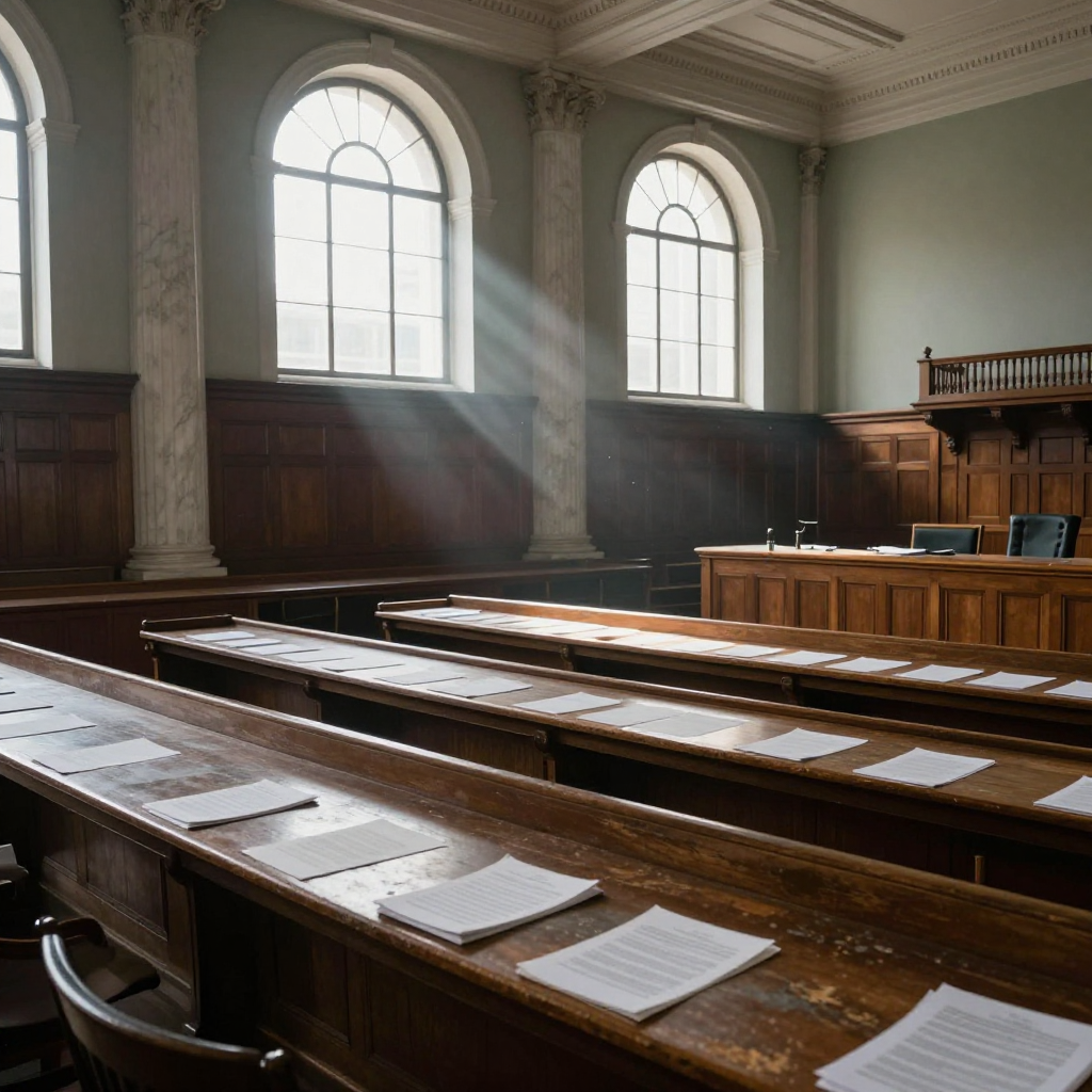empty formal interior, natural lighting through tall windows, wood paneling, institutional architecture, sense of history and permanence, marble columns, high ceilings, formal furniture, muted palette, a vast, high-ceilinged legislative chamber, polished oak benches worn smooth with age, mountains of untouched policy papers fanned across long tables, natural light streaming in from tall arched windows to the east, casting long shadows over dust motes in the air, an atmosphere of suspended momentum and quiet obsolescence [Z-Image Turbo]