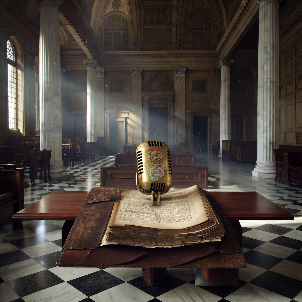empty formal interior, natural lighting through tall windows, wood paneling, institutional architecture, sense of history and permanence, marble columns, high ceilings, formal furniture, muted palette, A massive, leather-bound manuscript open on a long mahogany table in an abandoned legislative chamber, its parchment pages seamlessly merging into a vintage brass microphone, gilded Cyrillic engravings and colonial stamps etched into its casing, morning light slicing through tall arched windows, dust motes suspended in the air, the floor a checkerboard of aged marble stretching into shadow, silence heavy with unspoken decrees [Bria Fibo]