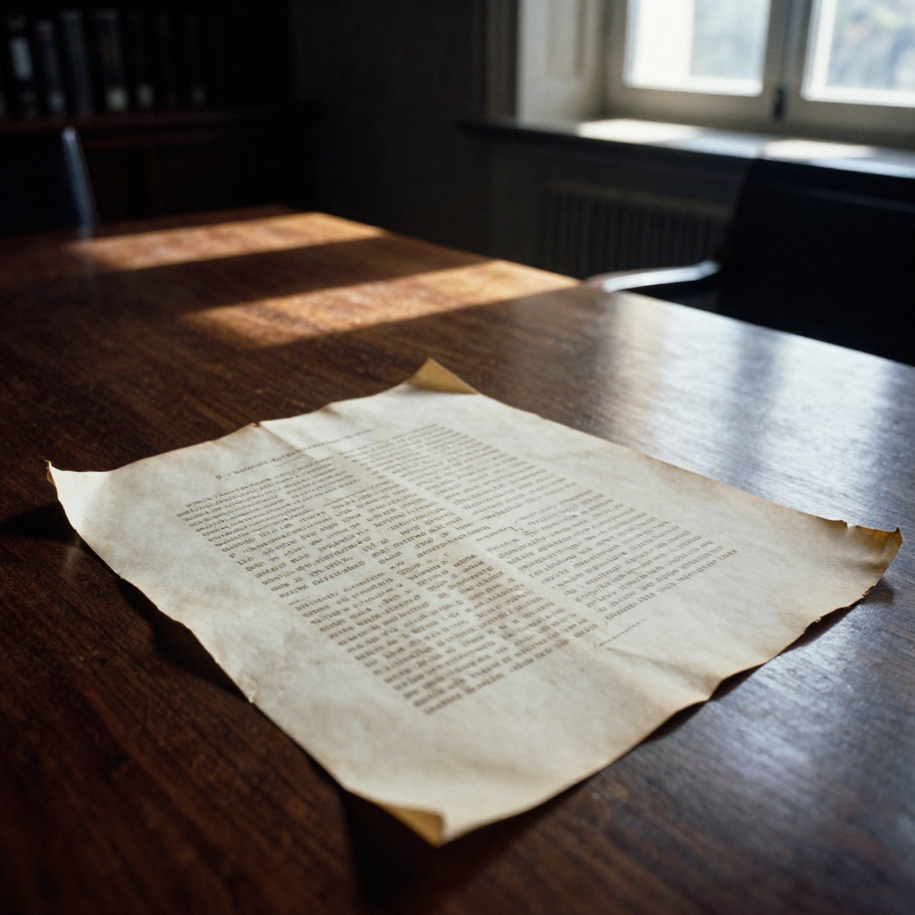 muted documentary photography, diplomatic setting, formal atmosphere, institutional gravitas, desaturated color palette, press photography style, 35mm film grain, natural lighting, professional photojournalism, a centuries-old treaty manuscript resting on a dark oak diplomatic table, parchment cracked and edges curling like dried leaves, ink faded in places where clauses on longevity and dependency ratios were never written, side-lit from a high window casting long institutional shadows, atmosphere of solemn stillness in a silent state archive [Z-Image Turbo]