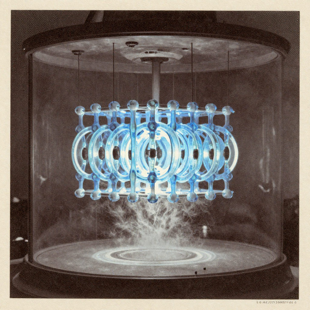 vintage Victorian newspaper photograph, sepia tone, aged paper texture, halftone dot printing, 1890s photojournalism, slight grain, archival quality, authentic period photography, a suspended quantum lattice, forged from iridescent silica waveguides and superconducting niobium nodes, lit from the side by cold cobalt light, hanging in a vacuum chamber thick with electromagnetic silence, its inner pathways glowing with coherent resonance as concentric rings of frozen time dissolve around it like ash [Z-Image Turbo]