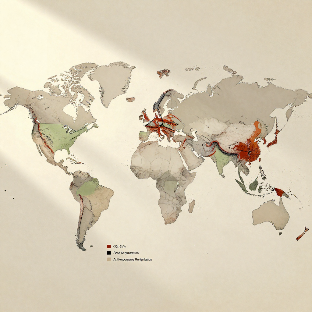 flat color political map, clean cartographic style, muted earth tones, no 3D effects, geographic clarity, professional map illustration, minimal ornamentation, clear typography, restrained color coding, flat 2D world map, inked lines on parchment-textured surface, north-south flow routes in rust-red and coal-black ink tracing Carboniferous forest expansion and modern fossil fuel transport, faint greenish wash marking high-oxygen zones of the Paleozoic, thin labeled arrows annotated 'O2: 35%', 'Peat Sequestration', 'Anthropocene Re-ignition', soft directional light from upper left, atmosphere of archival stillness and deep time [Z-Image Turbo]