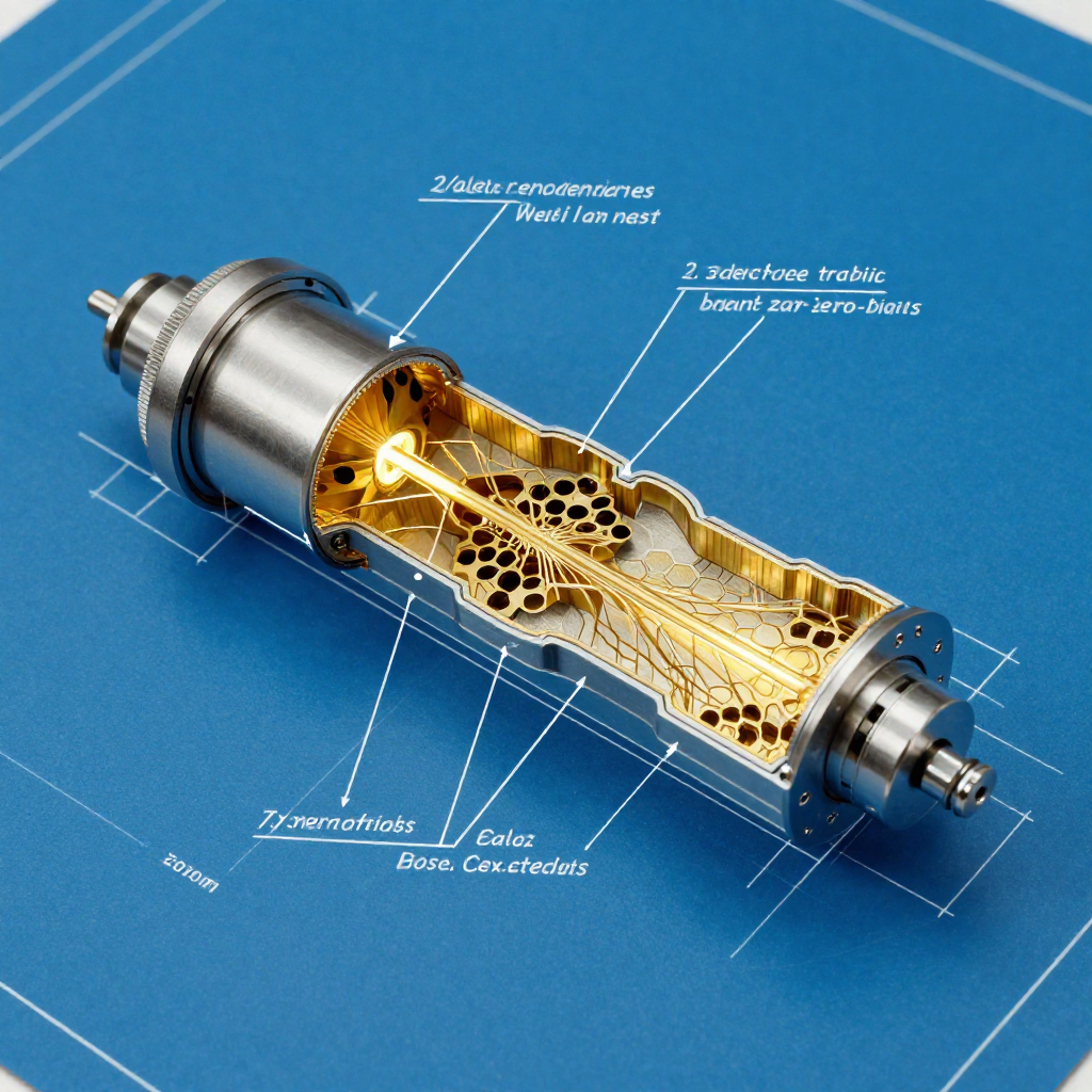 technical blueprint on blue paper, white precise lines, engineering annotations, 1950s aerospace, a planar tunneling spectroscope in cutaway view, layered titanium-gold interfaces fused with hexagonal lattice substrates, cross-section revealing vacancy sites emitting localized zero-bias pathways, annotation lines tracing inelastic conductance channels from defect clusters to detection layer, soft overhead lighting emphasizing depth of internal strata, clean negative space with technical serenity [Z-Image Turbo]
