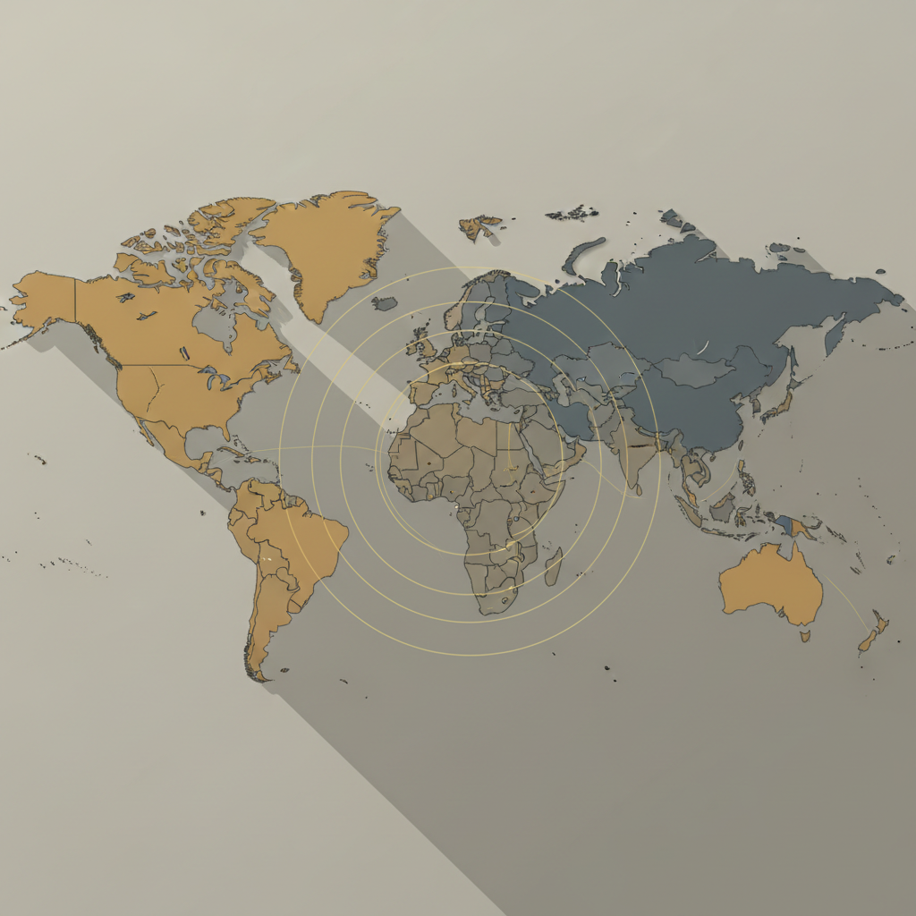 flat color political map, clean cartographic style, muted earth tones, no 3D effects, geographic clarity, professional map illustration, minimal ornamentation, clear typography, restrained color coding, Flat 2D world map with clean political boundaries, rendered in muted mineral tones — ochre for compliant states, slate for non-committal, ash-gray for dissenting blocs — subtle gradient transitions between regions, fine golden lines tracing international data corridors, seven faintly glowing concentric rings emanating from New Delhi like ripples, thin fractures splitting across key geopolitical seams, soft northward lighting casting delicate shadows along the cracks, atmosphere of quiet tension beneath an otherwise orderly surface. [Nano Banana]