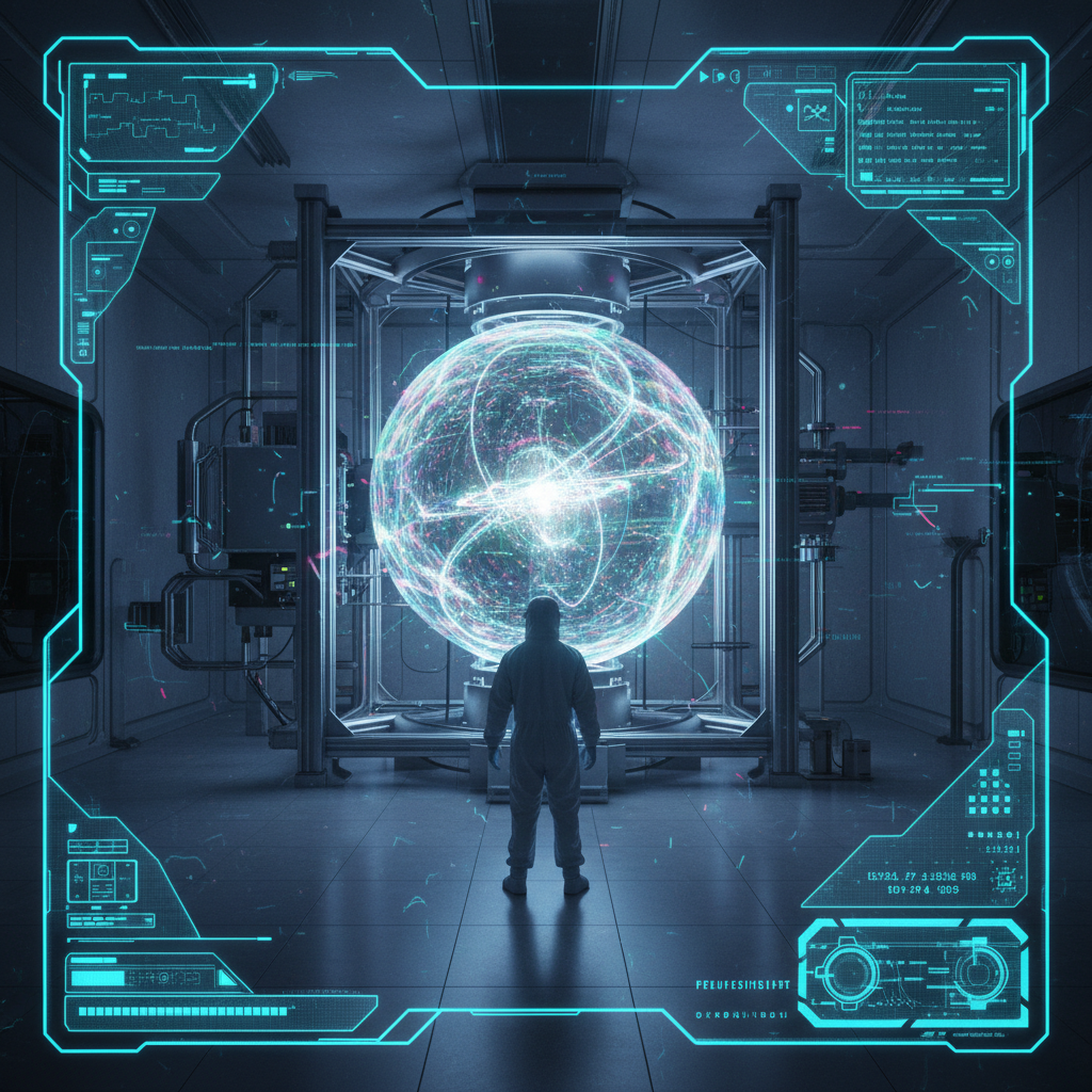 first-person view through futuristic HUD interface filling entire screen, transparent holographic overlays, neon blue UI elements, sci-fi heads-up display, digital glitch artifacts, RGB chromatic aberration, data corruption visual effects, immersive POV interface aesthetic, A cavernous, sterile quantum computing laboratory dominated by a massive, intricate machine, its central core a shimmering, unstable holographic sphere of entangled light patterns, casting dynamic, sharp shadows across the room, a lone scientist in a cleanroom suit stares intently at the phenomenon, backlit by the intense, fluctuating glow, atmosphere of high-stakes anticipation and raw, contained energy. [fal-ai/nano-banana]