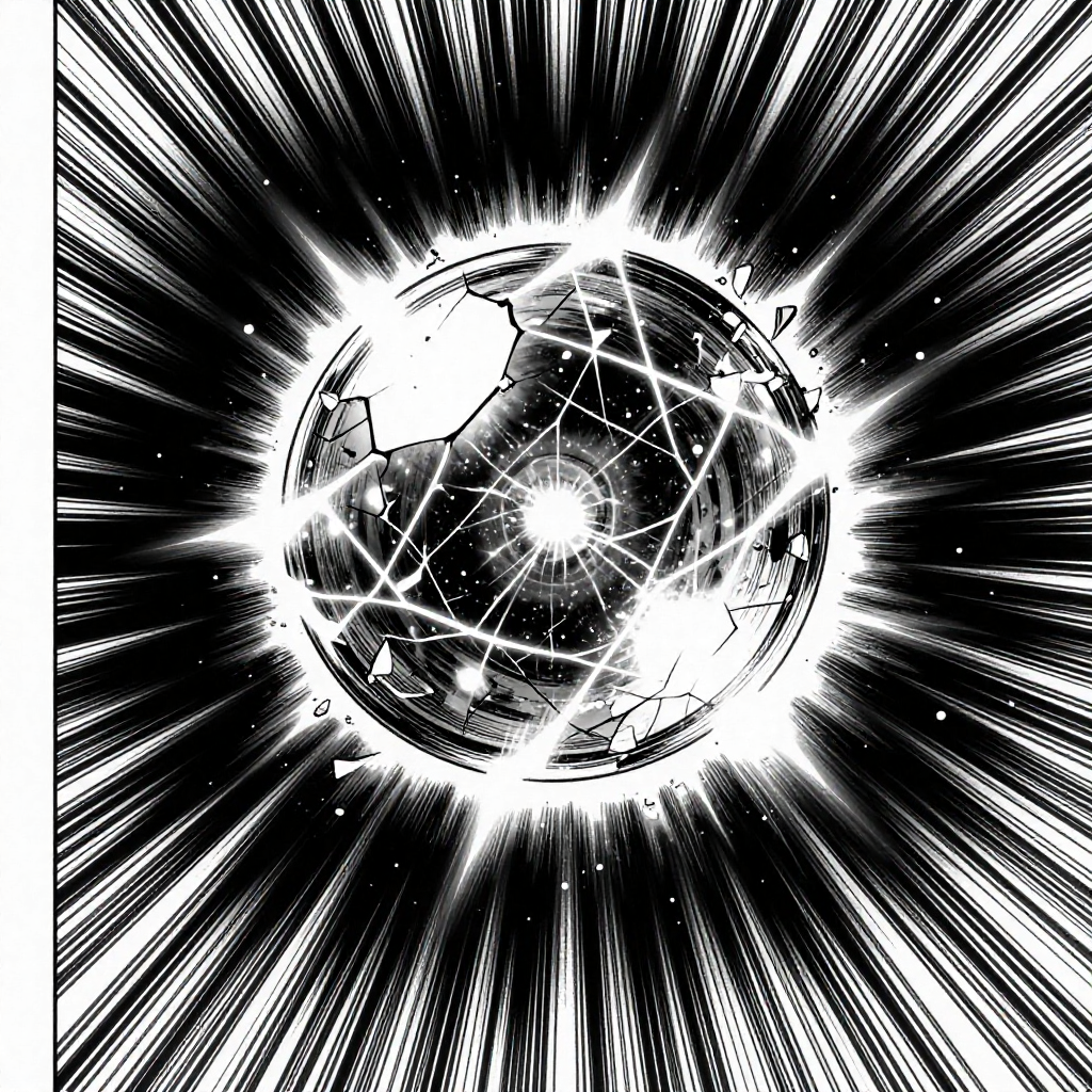 black and white manga panel, dramatic speed lines, Akira aesthetic, bold ink work, A single fractured lens floating in cosmic darkness, its shards composed of shimmering quantum superpositions—glowing filaments of probability frozen mid-collapse, edges crackling with coherent light, speed lines radiating outward like shockwaves from a silent explosion, backlit by a collapsing starfield, the vacuum of space pressing in from all sides [Z-Image Turbo]
