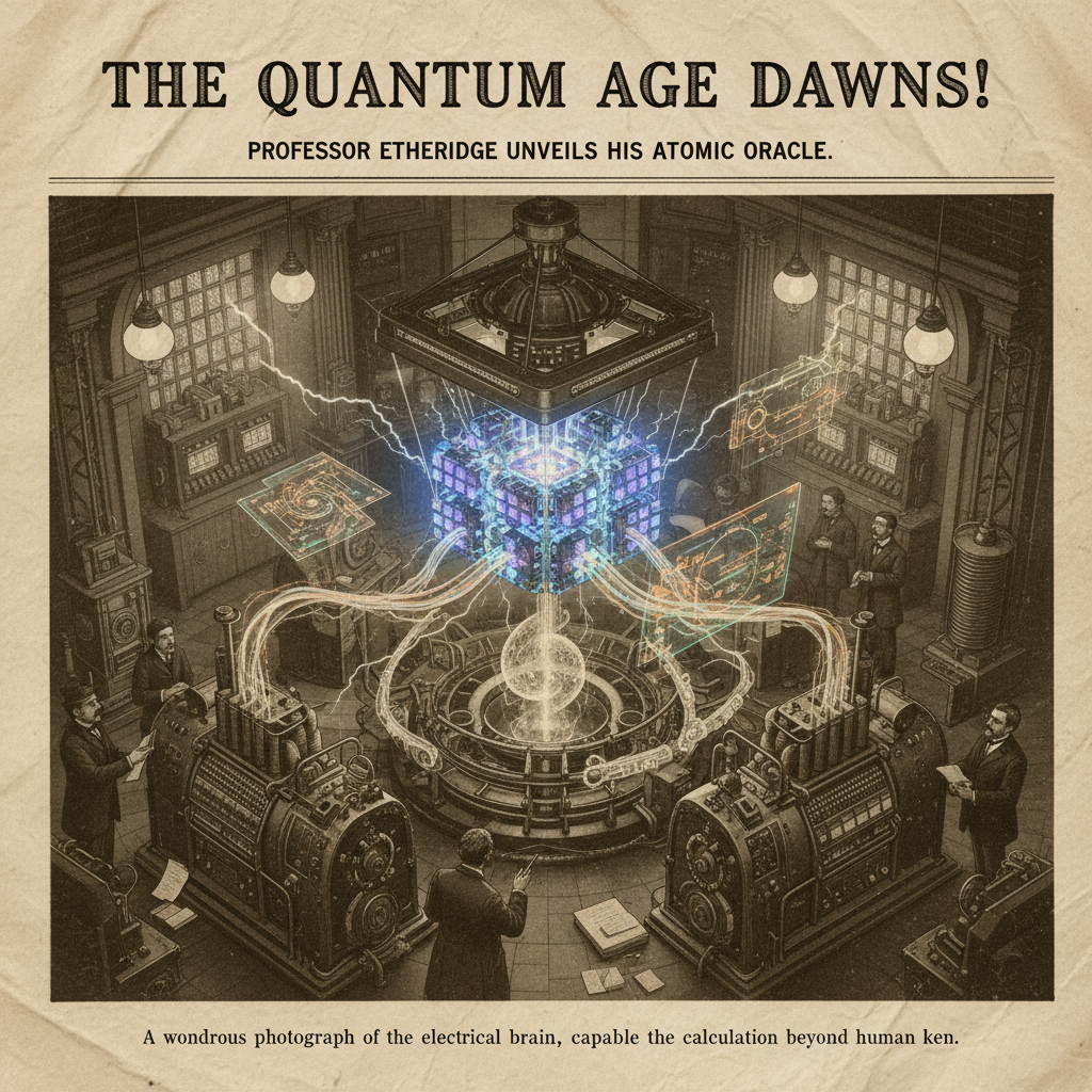 vintage Victorian newspaper photograph, sepia tone, aged paper texture, halftone dot printing, 1890s photojournalism, slight grain, archival quality, authentic period photography, massive quantum computing core with glowing qubit arrays suspended above fragmented particle detector data streams, dramatic overhead lighting casting sharp shadows across floating holographic circuit diagrams, intense atmosphere of scientific discovery with energy arcs connecting quantum and classical computing elements [fal-ai/nano-banana]