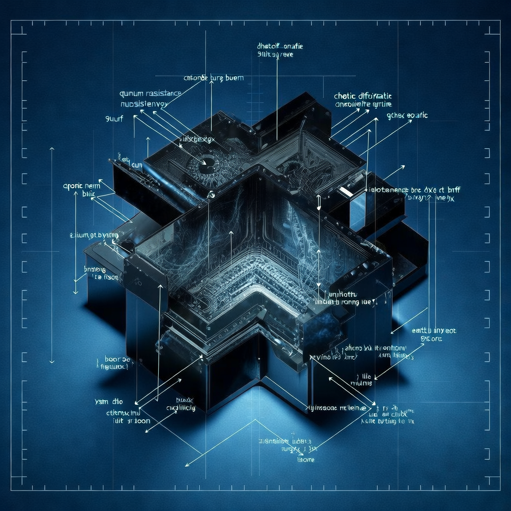 technical blueprint on blue paper, white precise lines, engineering annotations, 1950s aerospace, exploded technical diagram of a multi-layered cryptographic core, forged from obsidian-like glass and etched silicon, cross-section revealing turbulent entropy chambers and non-linear transformation stages, annotation lines pointing to chaotic diffusion matrix, quantum resistance buffer, and entropy injection port, backlit with cold blue axial light casting sharp shadows, sterile atmosphere with floating calibration grid [Bria Fibo]