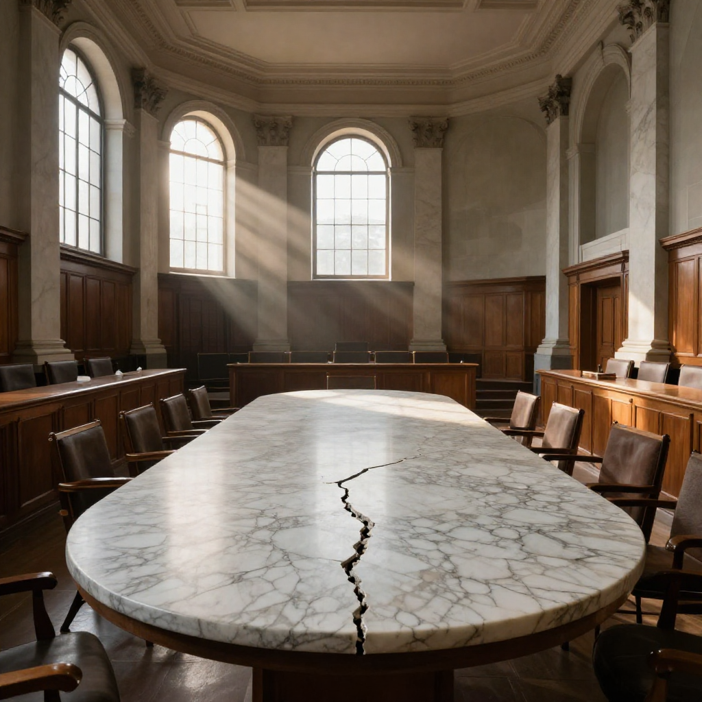 empty formal interior, natural lighting through tall windows, wood paneling, institutional architecture, sense of history and permanence, marble columns, high ceilings, formal furniture, muted palette, a massive oval marble table cracked down the center, veined white stone crumbling at the fissure, seated in an empty 19th-century committee chamber, sunlight streaming through tall arched windows at a low diagonal, dust suspended in golden beams, silence and anticipation thick in the air [Z-Image Turbo]