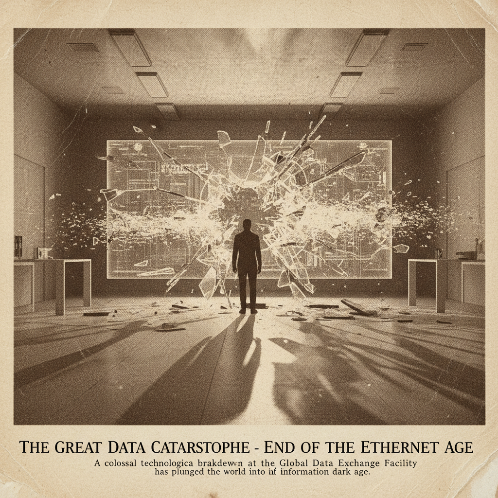 vintage Victorian newspaper photograph, sepia tone, aged paper texture, halftone dot printing, 1890s photojournalism, slight grain, archival quality, authentic period photography, A massive, shattered holographic display in a sterile, minimalist laboratory, digital data streams erupting and fragmenting like glass shards, a single figure seen from behind in silhouette, dramatic overhead downlighting creating long shadows and sharp highlights on the pristine surfaces, an atmosphere of sudden, irreversible systemic failure. [fal-ai/nano-banana]