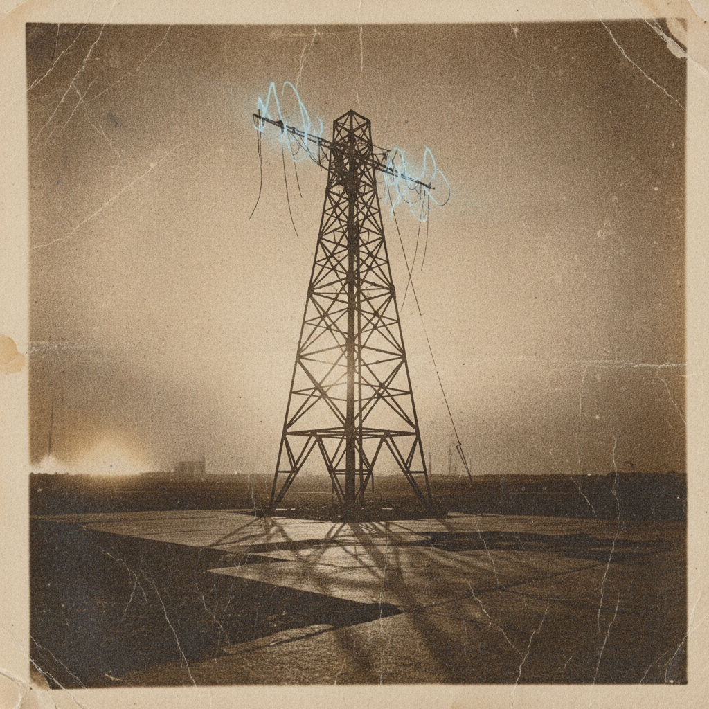 vintage Victorian newspaper photograph, sepia tone, aged paper texture, halftone dot printing, 1890s photojournalism, slight grain, archival quality, authentic period photography, A solitary signal tower at twilight, its steel lattice corroded at the joints and cracked down one flank, thin wires dangling like severed nerves, weak beams of pale blue light flickering erratically from its crown into a smog-choked sky, illuminated from the side by a low amber glow that casts long shadows across cracked concrete, atmosphere heavy with stillness and decay [Nano Banana]