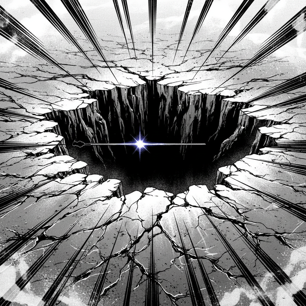black and white manga panel, dramatic speed lines, Akira aesthetic, bold ink work, A single fiber-optic filament, glass-core glowing with pulsating indigo light, stretched taut across a yawning chasm of black ice, its surface cracked with frost; light radiates in sharp, spear-like speed lines from a single pulse traveling along its length, casting high-contrast shadows; the atmosphere is still, subzero, with faint vapor condensing at the edges of the frame, emphasizing the fragility and precision of the signal bridging immense separation [Nano Banana]