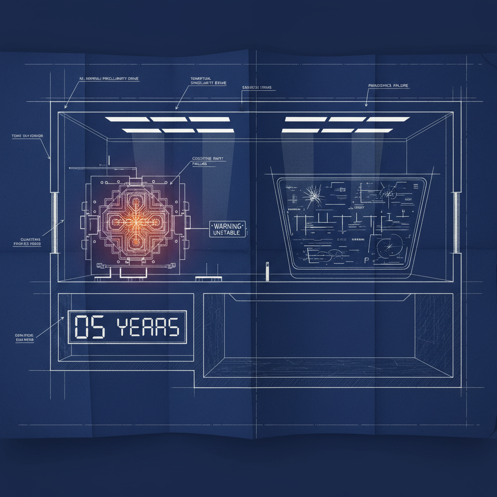 technical blueprint on blue paper, white precise lines, engineering annotations, 1950s aerospace, split-level futuristic command center, one side showing a complex quantum processor glowing ominously with a large digital countdown timer at 5 years, the other side displaying fractured, skeptical data visualizations on a dark screen, harsh overhead track lighting creating sharp contrasts and long shadows across polished floors, atmosphere of high-stakes tension and imminent technological confrontation. [fal-ai/nano-banana]