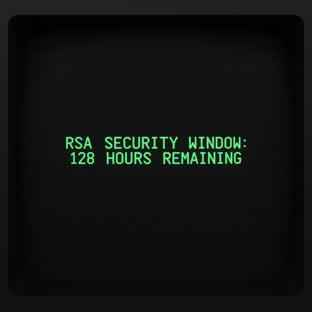 full screen view of monochrome green phosphor CRT terminal display, command line interface filling entire frame, heavy scanlines across black background, authentic 1970s computer terminal readout, VT100 style, green text on black, phosphor glow, screen curvature at edges, "RSA SECURITY WINDOW: 128 HOURS REMAINING", monospace green text glowing faintly on deep black background, text slightly blurred as if from screen burn-in, cold overhead lighting implied by sharp text edges, atmosphere of silent urgency and impending systemic collapse [Nano Banana]
