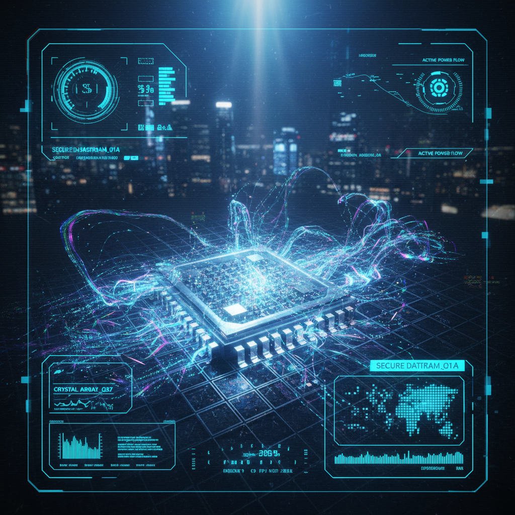 first-person view through futuristic HUD interface filling entire screen, transparent holographic overlays, neon blue UI elements, sci-fi heads-up display, digital glitch artifacts, RGB chromatic aberration, data corruption visual effects, immersive POV interface aesthetic, microscopic view of a crystalline silicon memory chip with ferroelectric transistors arranged in a perfect grid, ethereal streams of encrypted data swirling between the structures like digital mist, intense directional lighting from above creating sharp highlights on the crystal surfaces and deep shadows in the transistor channels, atmosphere of silent, secure computational power [fal-ai/nano-banana]