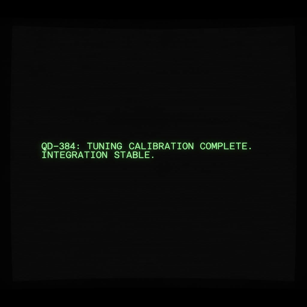 full screen view of monochrome green phosphor CRT terminal display, command line interface filling entire frame, heavy scanlines across black background, authentic 1970s computer terminal readout, VT100 style, green text on black, phosphor glow, screen curvature at edges, Terminal screen filling frame, stark black background, glowing green monospaced text centered in frame, single line of crisp data readout emerging character by character like a system log. Lighting is emissive—text glows with faint pixel halo, no external sources. Atmosphere is hushed, precise, momentous in its understatement. "QD-384: TUNING CALIBRATION COMPLETE. INTEGRATION STABLE." [Nano Banana]