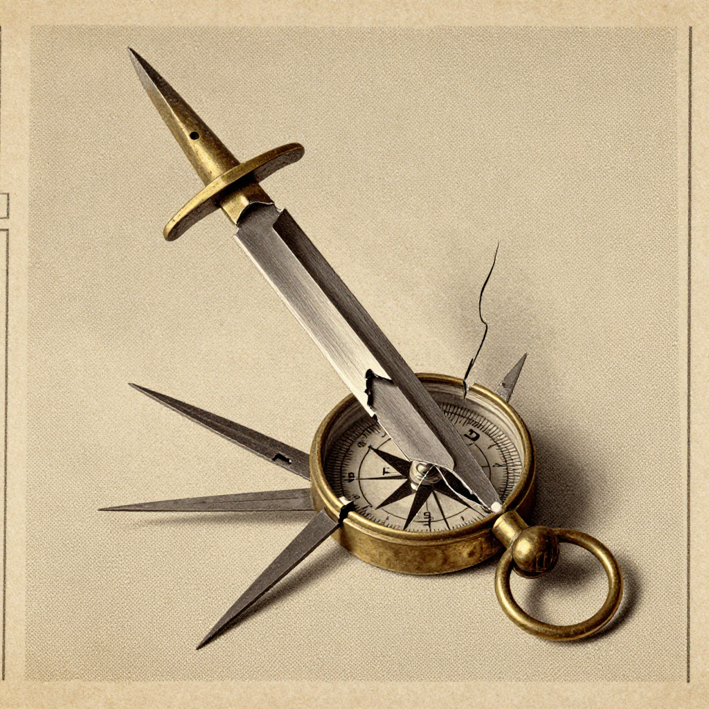 vintage Victorian newspaper photograph, sepia tone, aged paper texture, halftone dot printing, 1890s photojournalism, slight grain, archival quality, authentic period photography, a fractured compass fused with a self-sharpening blade, tarnished brass base splintered into divergent needles, upper blade forged from liquid-cooled tungsten slowly grinding itself into perfect alignment, dramatic side lighting casting long shadows of order over chaos, atmosphere of quiet triumph amid residual instability [Z-Image Turbo]