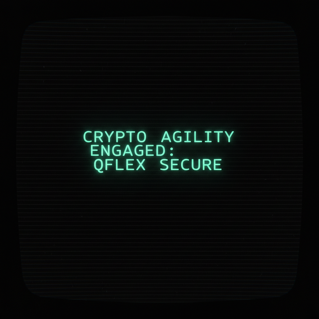full screen view of monochrome green phosphor CRT terminal display, command line interface filling entire frame, heavy scanlines across black background, authentic 1970s computer terminal readout, VT100 style, green text on black, phosphor glow, screen curvature at edges, "CRYPTO AGILITY ENGAGED: QFLEX SECURE", glowing monospace text centered on terminal screen, faint scan lines visible, stark black background, cold blue-green luminescence, silent and precise atmosphere [Nano Banana]