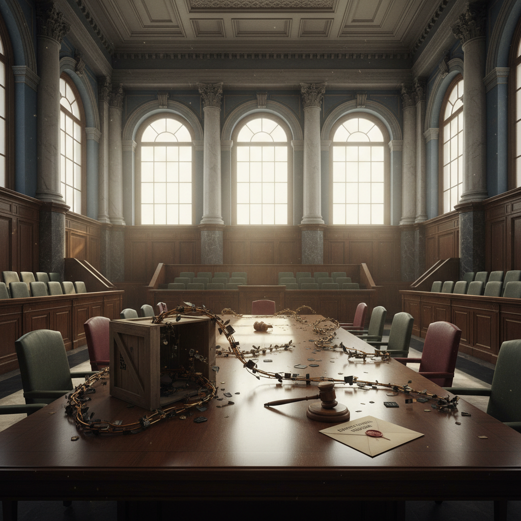 empty formal interior, natural lighting through tall windows, wood paneling, institutional architecture, sense of history and permanence, marble columns, high ceilings, formal furniture, muted palette, an overgrown circuit vine made of frayed gold traces and dark silicon shards, creeping from a shattered shipping crate across a vast mahogany committee table, natural light pouring through tall, arched windows behind empty tiered seating, dust motes floating in the beams, the vine curling around a fallen gavel and spreading toward a sealed envelope marked 'Export Control Review', the air still and heavy with quiet usurpation [Nano Banana]