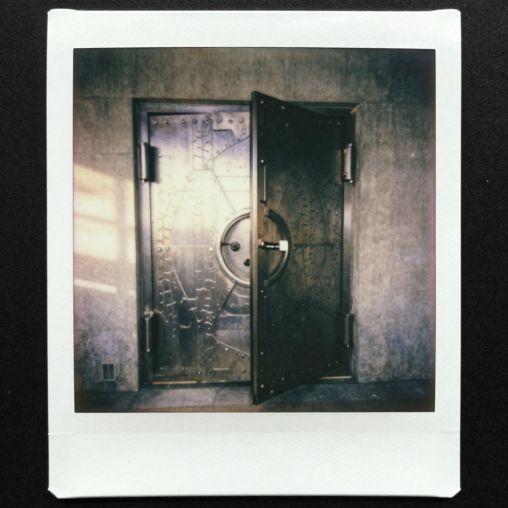 instant Polaroid photograph, vintage 1970s aesthetic, faded colors, white border frame, slightly overexposed, nostalgic lo-fi quality, amateur snapshot, a half-sealed vault door embedded in plain concrete, its surface composed of overlapping hexagonal steel plates etched with faint hash patterns, one plate slightly ajar and glowing dimly from within, sunlight raking from the left at low angle, dusty still air [Z-Image Turbo]