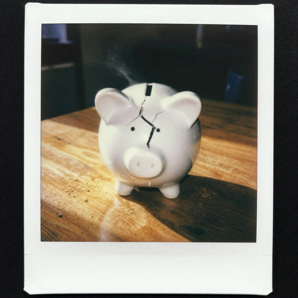 instant Polaroid photograph, vintage 1970s aesthetic, faded colors, white border frame, slightly overexposed, nostalgic lo-fi quality, amateur snapshot, A ceramic piggy bank split down the middle on a sunlit wooden table, fine cracks radiating from the fissure like shattered encryption, a faint glow seeping through the gap like cold vapor; morning light from the left casting a thin shadow, the surface dusted with fine sawdust—quiet, ordinary, but quietly wrong. [Z-Image Turbo]
