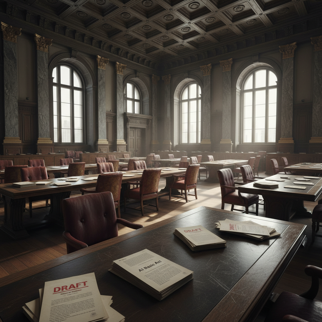 empty formal interior, natural lighting through tall windows, wood paneling, institutional architecture, sense of history and permanence, marble columns, high ceilings, formal furniture, muted palette, an unoccupied national legislative chamber, polished dark oak tables scarred with age and use, stacks of paper bearing bold red 'DRAFT' stamps scattered like artifacts of decision, morning light slicing diagonally through tall arched windows, dust motes suspended in the beam above a single open document titled 'AI Basic Act', atmosphere of hushed consequence and historical weight [Nano Banana]