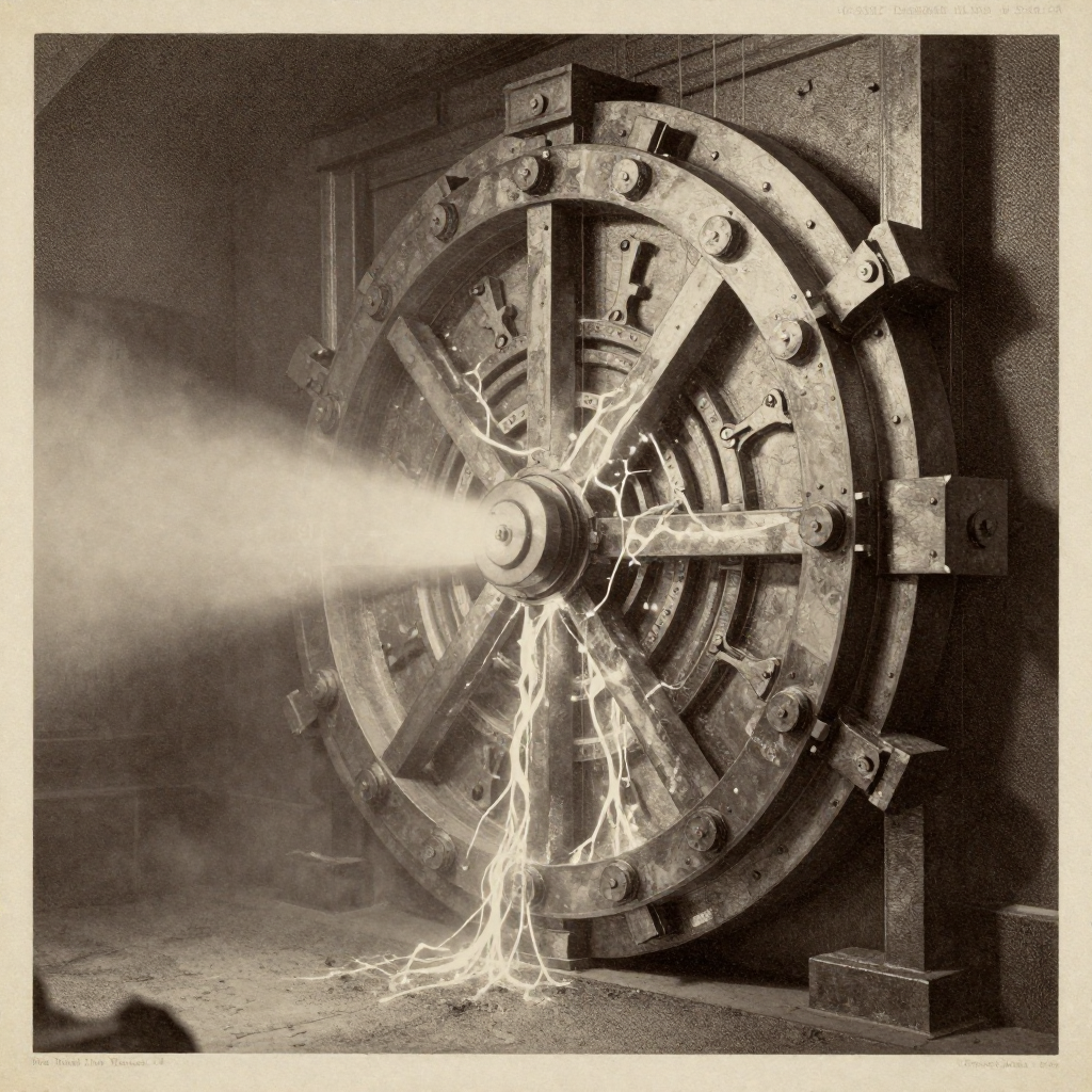 vintage Victorian newspaper photograph, sepia tone, aged paper texture, halftone dot printing, 1890s photojournalism, slight grain, archival quality, authentic period photography, a massive, ancient-looking vault door made of crystalline hash symbols, its surface splitting along glowing fault lines where streams of entangled photons seep through like liquid light, illuminated from the left by a cold, razor-thin beam cutting through fog, the air heavy with static and the scent of burnt logic [Z-Image Turbo]
