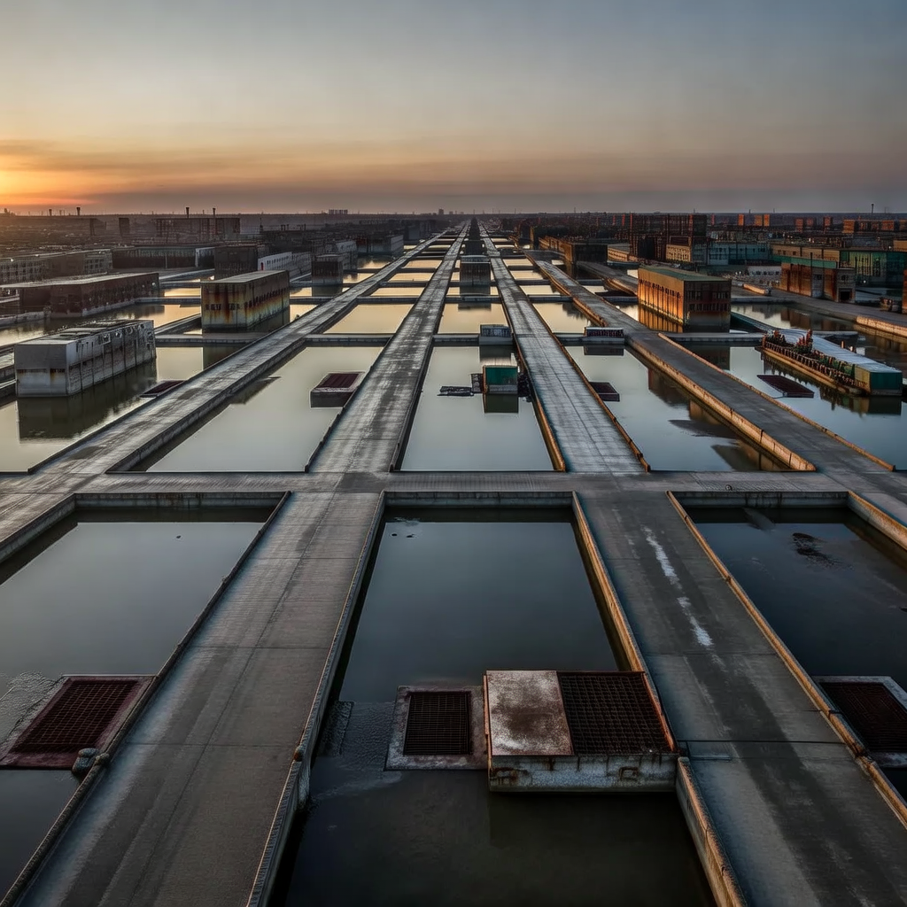 industrial scale photography, clean documentary style, infrastructure photography, muted industrial palette, systematic perspective, elevated vantage point, engineering photography, operational facilities, Expansive flooded city grid at dusk, concrete roadways and drainage channels half-submerged under still, mirror-like floodwater, repeating rectangular blocks stretching into the horizon, low angled amber light from the west glinting off water and corroded metal grates, atmosphere of quiet suspension and latent collapse [Bria Fibo]
