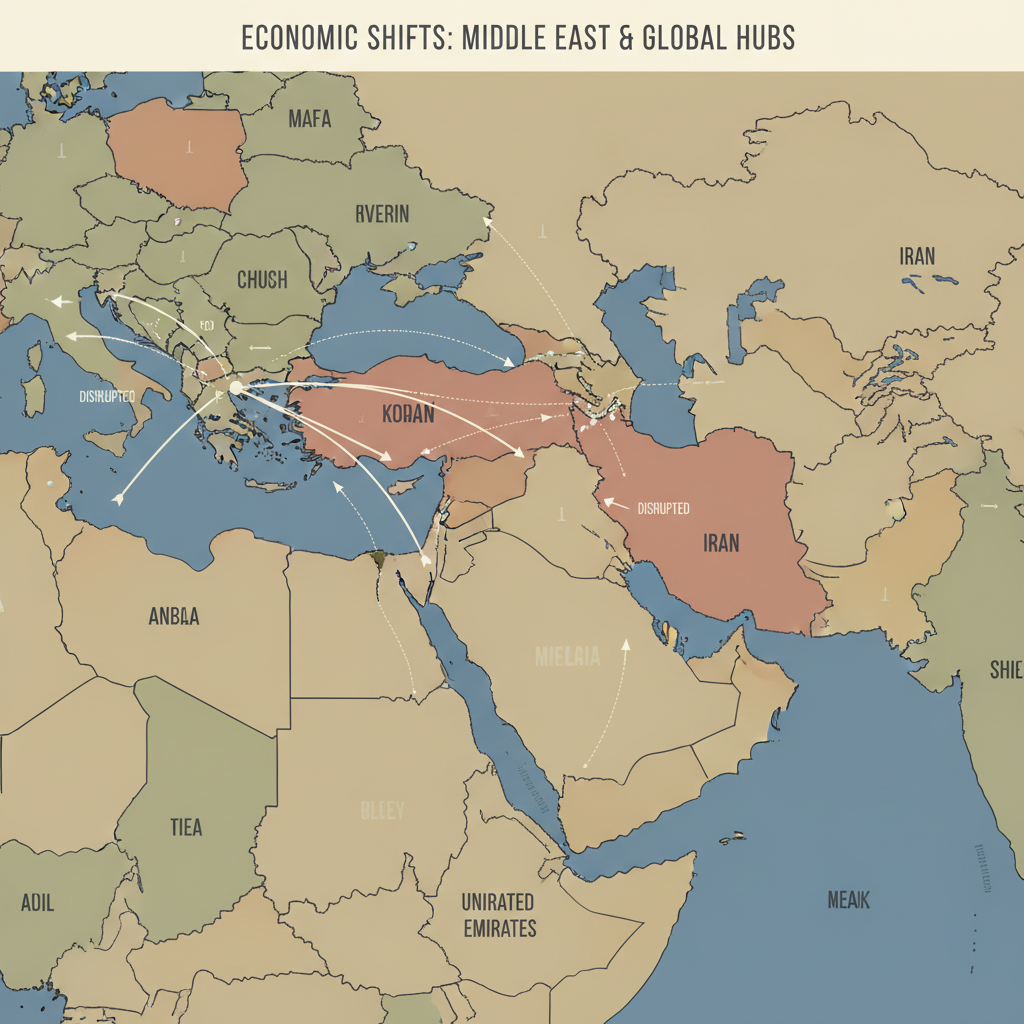 flat color political map, clean cartographic style, muted earth tones, no 3D effects, geographic clarity, professional map illustration, minimal ornamentation, clear typography, restrained color coding, flat 2D economic map of the Middle East and surrounding financial hubs, clean vector-style lines with precise national boundaries, financial flow routes depicted as thin tapering bands fading from solid to dotted as they recede from the UAE, subtle ochre-to-crimson gradient spreading from Iran across regional trade corridors, annotation lines in muted silver pointing to disrupted connections, overhead lighting casting soft shadows on route junctions, atmosphere of quiet unraveling [Nano Banana]