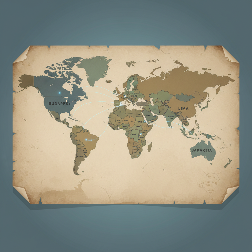 flat color political map, clean cartographic style, muted earth tones, no 3D effects, geographic clarity, professional map illustration, minimal ornamentation, clear typography, restrained color coding, A large flat 2D world map drawn on aged, semi-transparent parchment, its national boundaries cracking and re-forming like ice under tension, faintly glowing annotation lines pulsing like failing circuits from Budapest to Jakarta to Lima, dim cathode-light from below casting sharp horizontal shadows, atmosphere of silent instability interrupted by sudden static flickers erasing and redrawing borders [Nano Banana]