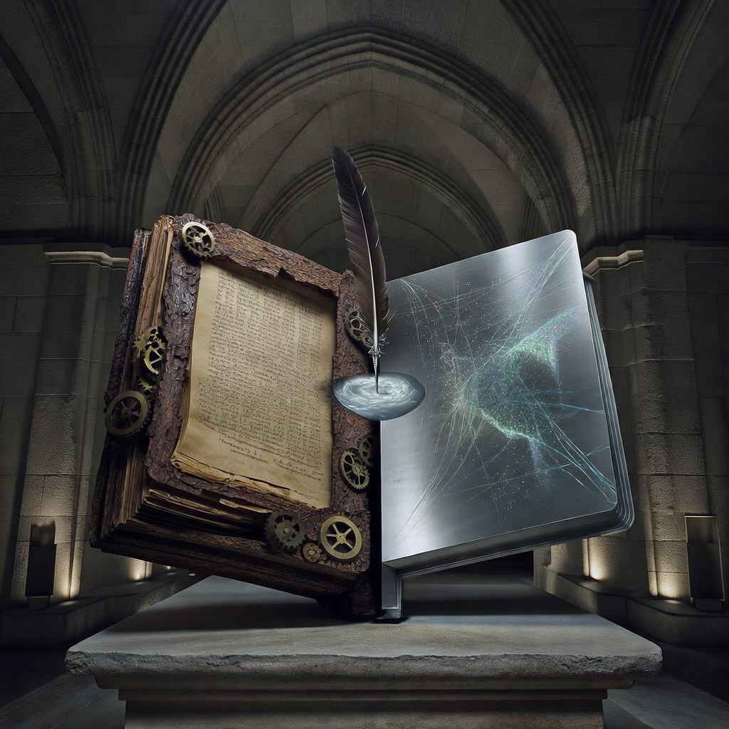 muted documentary photography, diplomatic setting, formal atmosphere, institutional gravitas, desaturated color palette, press photography style, 35mm film grain, natural lighting, professional photojournalism, A massive, ancient ledger split down the center, its left half made of scorched oak and brass gears, pages filled with hand-transcribed Enigma keys; the right half forged from cool titanium and fiber-optic thread, displaying shimmering AI-generated threat maps; both halves slowly drawn together by invisible force onto a stone dais beneath a vaulted arch, where a single quill dips itself in ink made of liquid starlight and signs the spine; side-lit from below by recessed stone sconces casting long institutional shadows; atmosphere of solemn convergence, where history and algorithm bear equal witness [Bria Fibo]