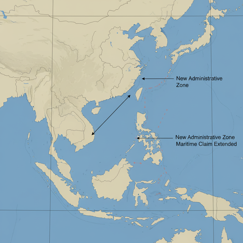 flat color political map, clean cartographic style, muted earth tones, no 3D effects, geographic clarity, professional map illustration, minimal ornamentation, clear typography, restrained color coding, a flat 2D political map of the South China Sea, inked lines subtly shifting like slow tides, newly drawn borders bleeding faint coral-red into the blue sea, labeled with annotation lines pointing to artificial island chains marked as 'New Administrative Zone' and 'Maritime Claim Extended', one dotted line dissolving into a cluster of reclaimed islets, clean cartographic style with minimal color variation—soft blues for water, pale ochre for new land, and thin black strokes for contested boundaries, under neutral diffused lighting, in a clinical yet tense atmosphere [Nano Banana]