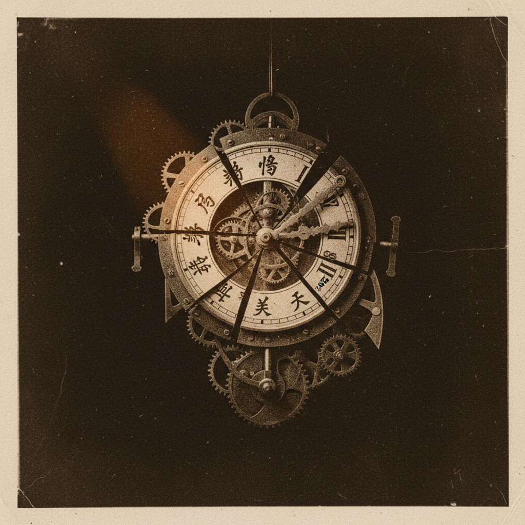 vintage Victorian newspaper photograph, sepia tone, aged paper texture, halftone dot printing, 1890s photojournalism, slight grain, archival quality, authentic period photography, a fractured celestial clock, brass and scorched jade, illuminated from the left by a narrow beam of harsh amber light, suspended in a dark, still void—its cracked face marked with fading Chinese cyclical characters '丙午 丁未', gears frozen mid-turn, one hand trembling near 2027, the air thick with silent anticipation [Nano Banana]
