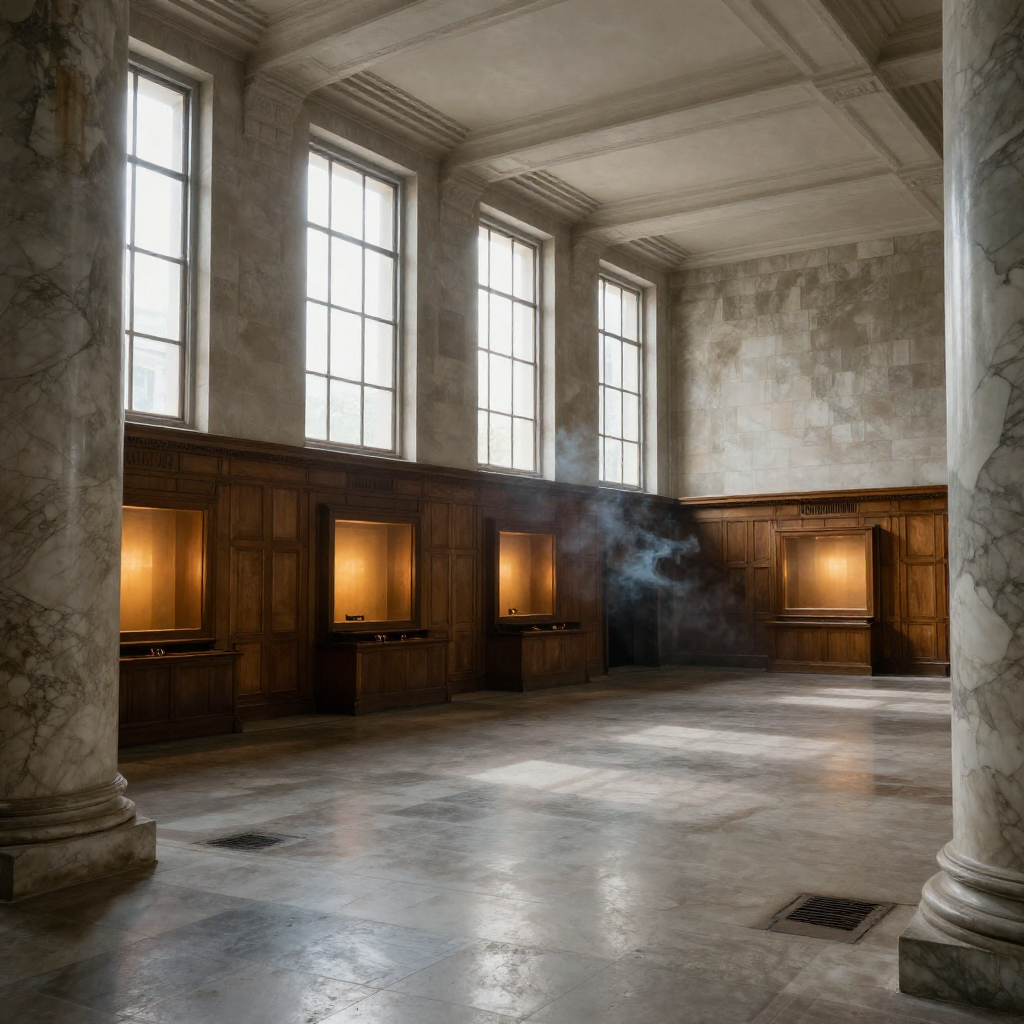 empty formal interior, natural lighting through tall windows, wood paneling, institutional architecture, sense of history and permanence, marble columns, high ceilings, formal furniture, muted palette, an abandoned underground command chamber, stone walls veined with moisture, dormant amber-lit screens embedded like altars, a faint wisp of smoke curling from a scorched ventilation grate, morning light slicing through high slit windows, silence pressing down like weight [Z-Image Turbo]