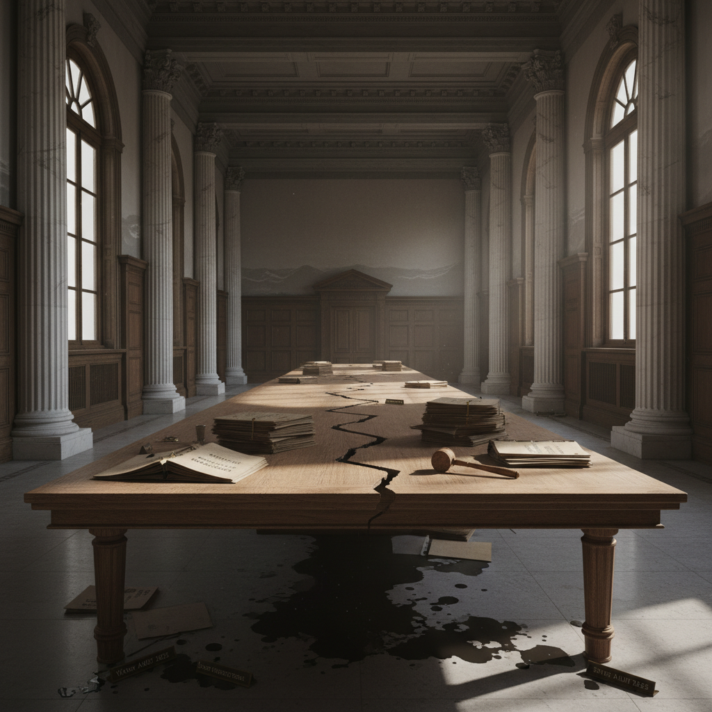 empty formal interior, natural lighting through tall windows, wood paneling, institutional architecture, sense of history and permanence, marble columns, high ceilings, formal furniture, muted palette, A long, centuries-old teakwood committee table stretching across a cavernous colonial-era chamber, its surface split by a jagged fissure oozing dark, damp stains like ink from beneath unopened government files labeled "Water Audit 2025" and "Sewer Reinstatement Proposal." Sunlight slants in through tall, arched windows, casting long shadows that cut across shattered brass nameplates and a single fallen gavel. The air is still, thick with dust motes suspended above stacks of untouched documents, while faint watermarks climb the distant walls like ghostly tide lines. [Nano Banana]