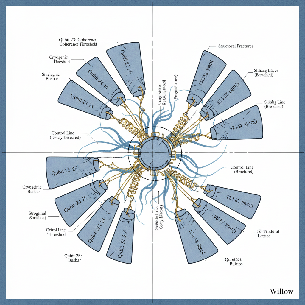 technical blueprint on blue paper, white precise lines, engineering annotations, 1950s aerospace, Exploded view of the Willow quantum processor, floating in precise mechanical suspension—superconducting qubits fanned outward like shattered glass petals, each labeled and separated from the central quantum die; gold-plated interconnects stretch taut between components, annotated as "Qubit 23: Coherence Threshold," "Cryogenic Busbar," "Shielding Layer (Breached)," "Control Line (Decay Detected)"; cold blue lines of flux ripple between segments, suggesting instability; stark white background with thin black annotation lines pointing to structural fractures emerging at quantum lattice junctions; overhead technical lighting casting razor-thin shadows, emphasizing the precision and fragility of the system [Nano Banana]