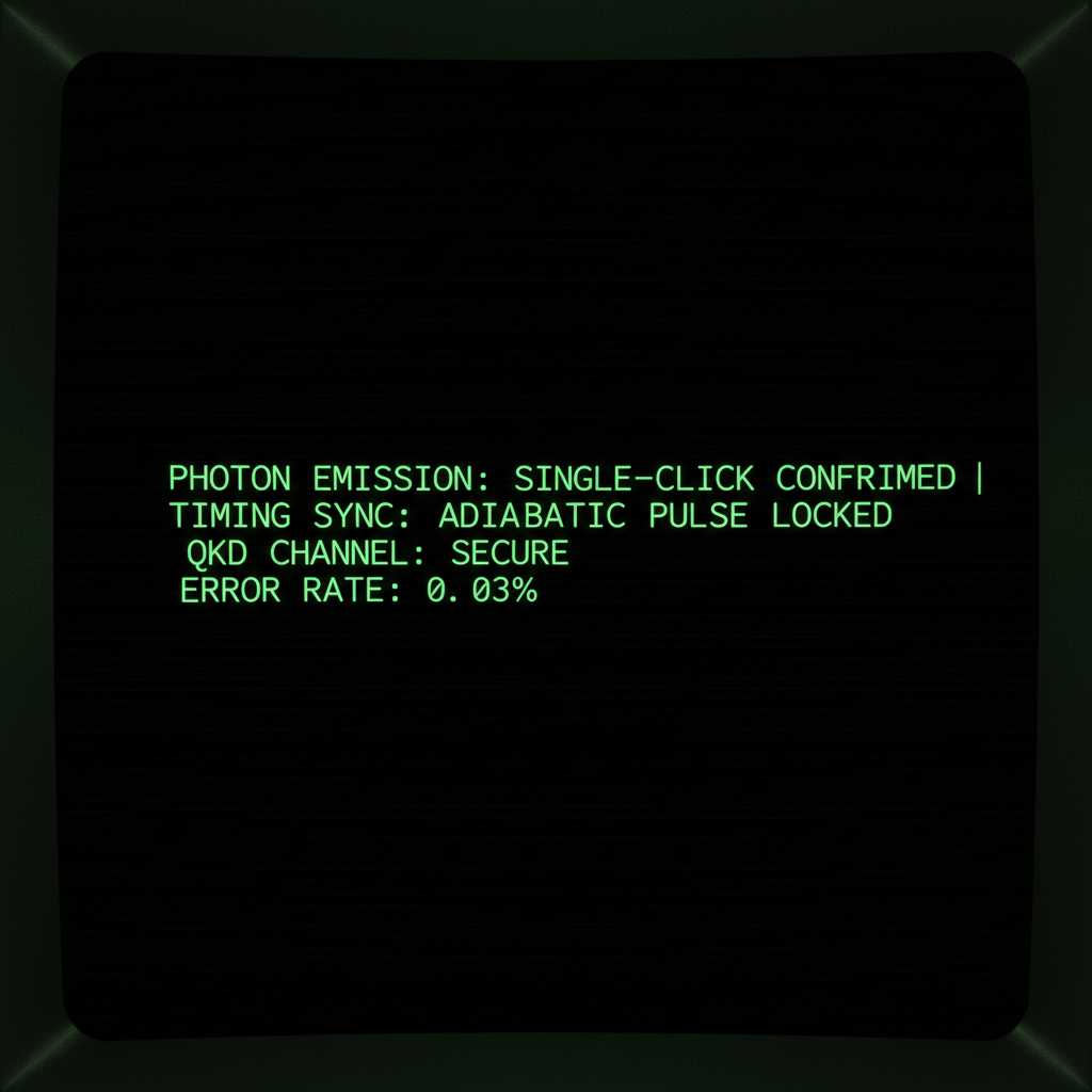 full screen view of monochrome green phosphor CRT terminal display, command line interface filling entire frame, heavy scanlines across black background, authentic 1970s computer terminal readout, VT100 style, green text on black, phosphor glow, screen curvature at edges, Terminal screen, stark black background, glowing green monospaced text centered in frame, cold and clinical atmosphere — "PHOTON EMISSION: SINGLE-CLICK CONFIRMED | TIMING SYNC: ADIABATIC PULSE LOCKED | QKD CHANNEL: SECURE | ERROR RATE: 0.003%" [Nano Banana]