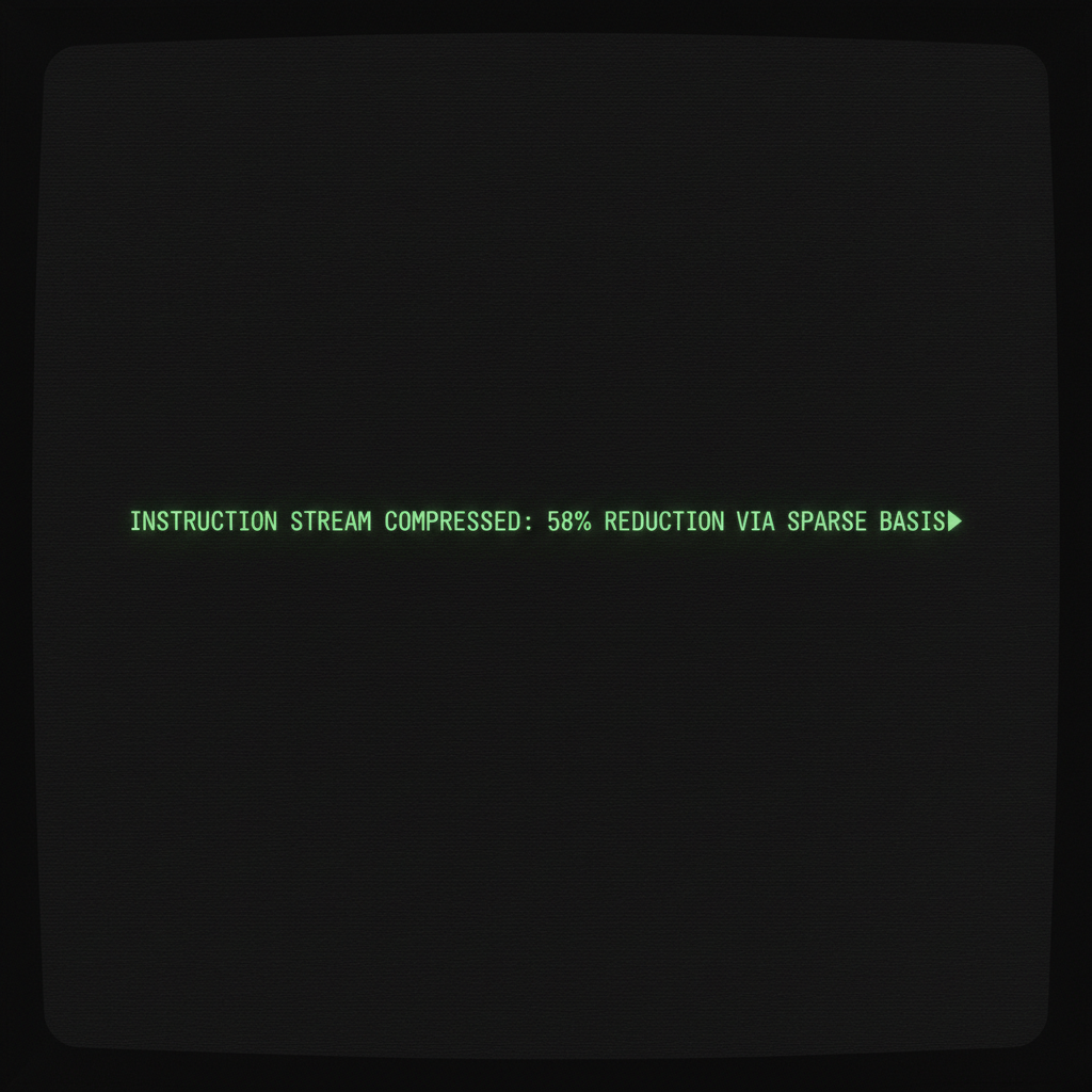 full screen view of monochrome green phosphor CRT terminal display, command line interface filling entire frame, heavy scanlines across black background, authentic 1970s computer terminal readout, VT100 style, green text on black, phosphor glow, screen curvature at edges, Terminal screen filling frame, stark black background, glowing green monospace text centered in frame. The only visible element is a single line of slowly fading text: "INSTRUCTION STREAM COMPRESSED: 58% REDUCTION VIA SPARSE BASIS". Light from the text subtly bleeds into the surrounding darkness, creating faint halos around each character. Atmosphere of quiet precision and contained power, evoking the silent efficiency of optimized quantum control. [Nano Banana]