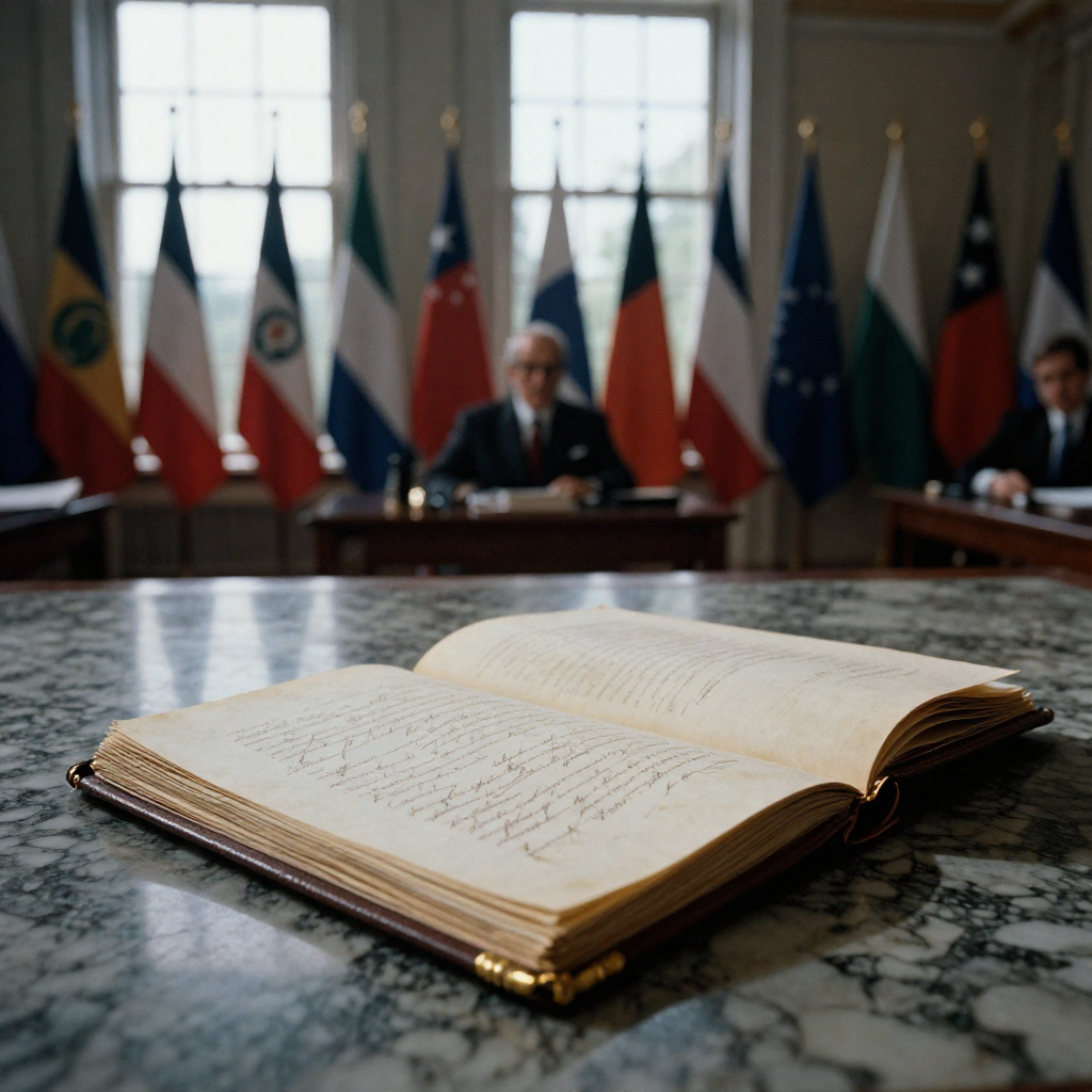muted documentary photography, diplomatic setting, formal atmosphere, institutional gravitas, desaturated color palette, press photography style, 35mm film grain, natural lighting, professional photojournalism, a weathered treaty ledger, leather-bound with frayed golden corners and ink-stained pages open to a signed agreement, side-lit by weak afternoon light through tall colonial windows, resting on a marble table under the faded flags of multiple nations, atmosphere of quiet permanence and unseen obligation [Z-Image Turbo]