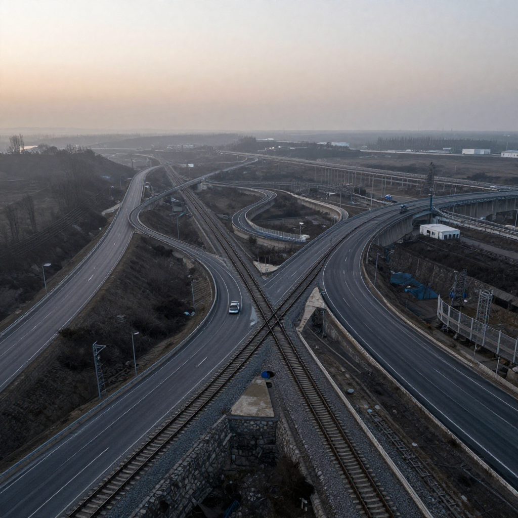 industrial scale photography, clean documentary style, infrastructure photography, muted industrial palette, systematic perspective, elevated vantage point, engineering photography, operational facilities, a labyrinth of converging roads, weathered stone merging with iron rails and modern asphalt in layered strata, stretching to the horizon under a low dawn light from the east, mist clinging to the gradients of elevation, atmosphere of quiet inevitability and deep connection [Z-Image Turbo]