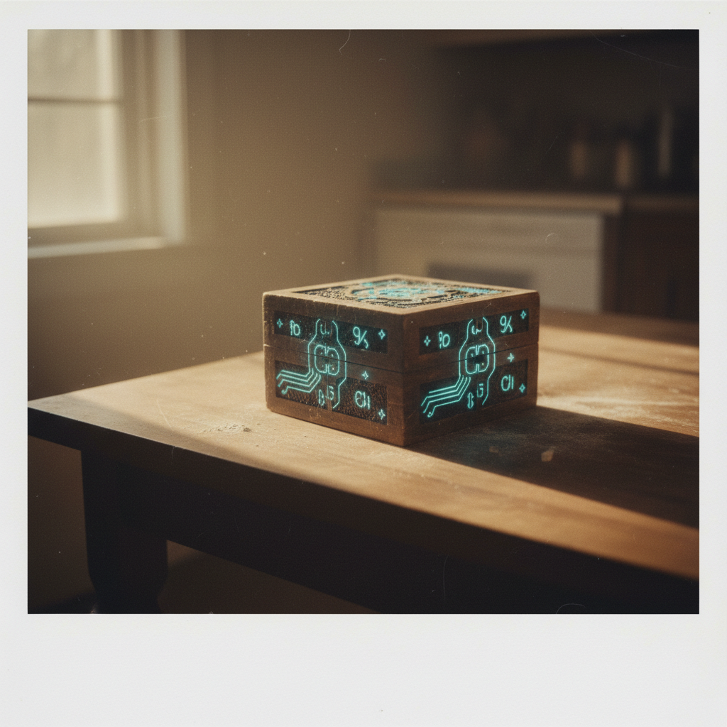 instant Polaroid photograph, vintage 1970s aesthetic, faded colors, white border frame, slightly overexposed, nostalgic lo-fi quality, amateur snapshot, a weathered wooden puzzle box with interlocking glowing qubit symbols and abstract circuit paths carved into its panels, sitting slightly off-center on a sunlit kitchen table, morning light from the left casting soft shadows, surrounded by faint chalk-like dust as if recently opened, atmosphere of quiet revelation after a long struggle [Nano Banana]