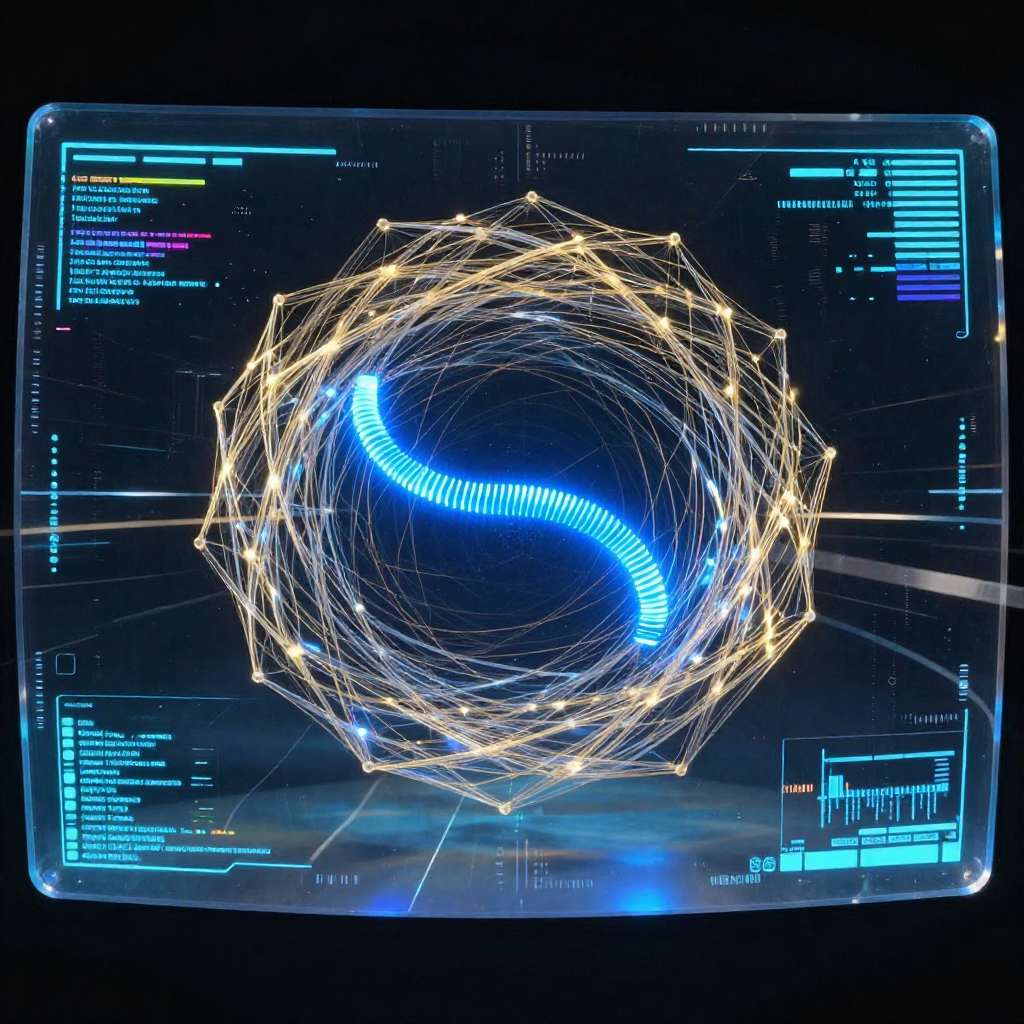 first-person view through futuristic HUD interface filling entire screen, transparent holographic overlays, neon blue UI elements, sci-fi heads-up display, digital glitch artifacts, RGB chromatic aberration, data corruption visual effects, immersive POV interface aesthetic, A translucent toroidal lattice of fine golden threads, suspended in a dark field, viewed through a curved heads-up display with faint calibration glyphs along the edges; at the center, a single taut loop of cobalt light pulses rhythmically, slightly brighter than the rest, tracing the shortest non-contractible path through the lattice; cool ambient glow from below casts subtle refractions in the glassy interface, while thin data ribbons flow silently along the periphery in muted silver, suggesting real-time geometric optimization [Z-Image Turbo]
