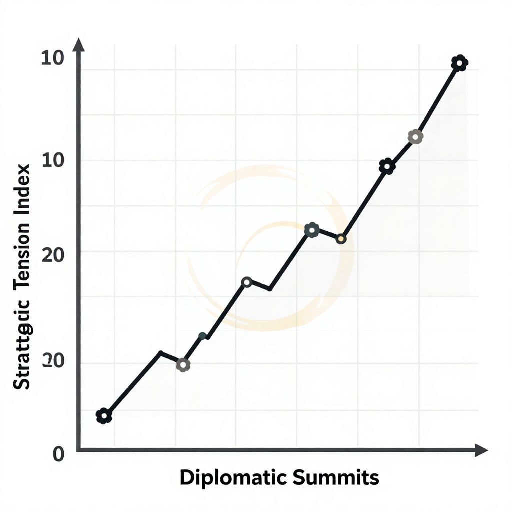 clean data visualization, flat 2D chart, muted academic palette, no 3D effects, evidence-based presentation, professional infographic, minimal decoration, clear axis labels, scholarly aesthetic, a flat, two-dimensional line chart on a clean white grid background, black axes with clear labels: 'Diplomatic Summits' on x-axis, 'Strategic Tension Index' on y-axis, a jagged black trend line rising steadily over time, punctuated by small floral icons marking summit events, a faint translucent ring of tea stain overlapping one icon near the center, soft overhead lighting, clinical and precise atmosphere [Z-Image Turbo]