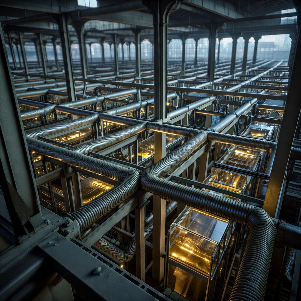 industrial scale photography, clean documentary style, infrastructure photography, muted industrial palette, systematic perspective, elevated vantage point, engineering photography, operational facilities, a vast underground financial lattice, forged from ribbed steel conduits and glass-walled channels carrying glowing, slow-moving streams of liquid gold, viewed from an elevated perspective at dusk, the grid stretching into the horizon beneath a quiet urban expanse, the air still and charged with latent economic potential [Bria Fibo]