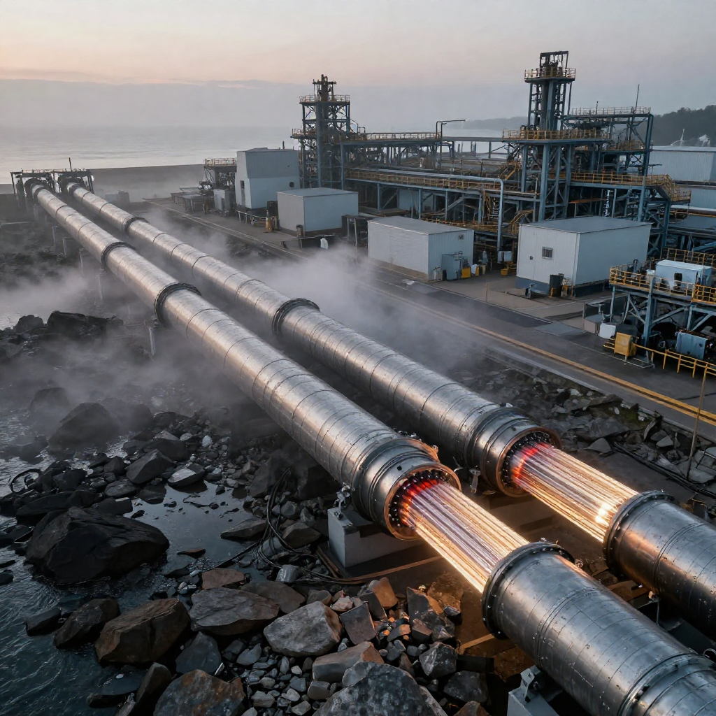 industrial scale photography, clean documentary style, infrastructure photography, muted industrial palette, systematic perspective, elevated vantage point, engineering photography, operational facilities, a massive undersea fiber-optic cable junction exposed on a rocky shore at dawn, its braided titanium conduits split open to reveal glowing glass filaments pulsing with faint red and gold light, morning rays slicing horizontally across the wet stones, mist curling around the cables like guarded secrets, the scale immense and precise, the air still with the weight of unspoken leverage [Z-Image Turbo]