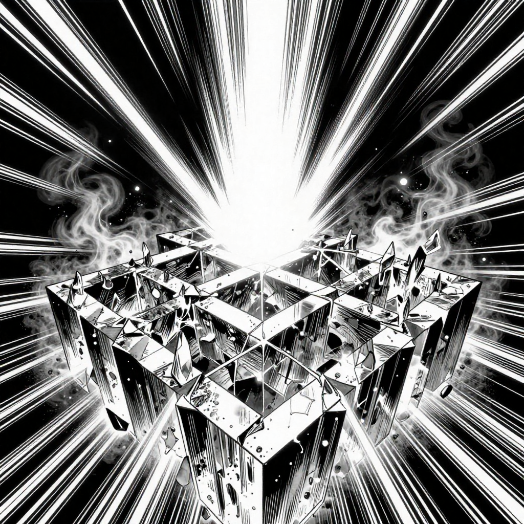 black and white manga panel, dramatic speed lines, Akira aesthetic, bold ink work, a fractured boron nitride lattice glowing under deep-UV light, jagged edges slowly realigning into perfect symmetry, crystalline surfaces shimmering with ionized residue vaporizing at the seams, intense beam of ultraviolet light striking from above creating radiating speed lines of photonic energy, stark black background with pockets of charged disorder dissipating like smoke, high-contrast illumination casting sharp geometric shadows, atmosphere of silent transformation and long-suppressed order breaking free [Z-Image Turbo]