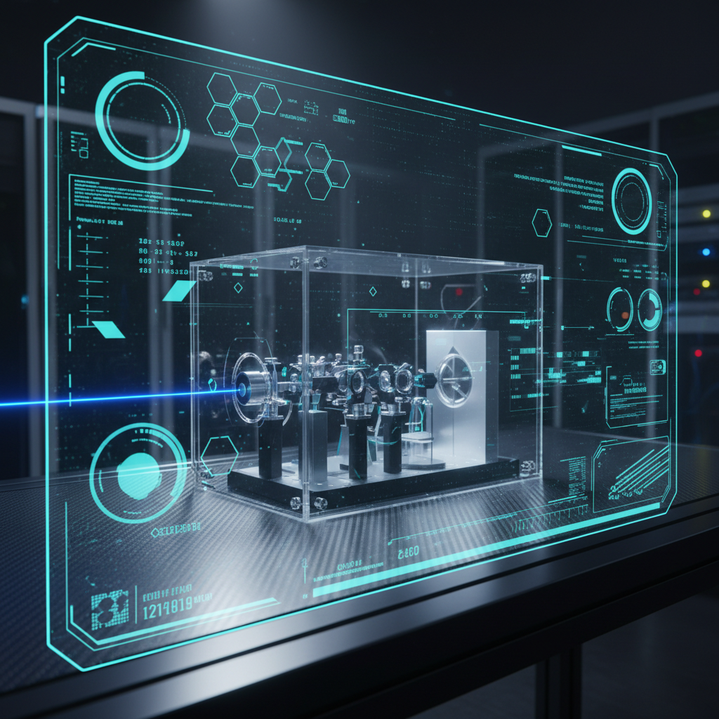 first-person view through futuristic HUD interface filling entire screen, transparent holographic overlays, neon blue UI elements, sci-fi heads-up display, digital glitch artifacts, RGB chromatic aberration, data corruption visual effects, immersive POV interface aesthetic, ultra-clean quantum optics laboratory bench, a central passive measurement apparatus with intricate lens arrays and beam splitters under pristine isolation, a single, perfectly coherent beam of light entering the device, dramatic directional lighting from the light source casting sharp geometric shadows across polished metal and dark surfaces, an atmosphere of silent, precise scientific discovery and absolute security. [fal-ai/nano-banana]