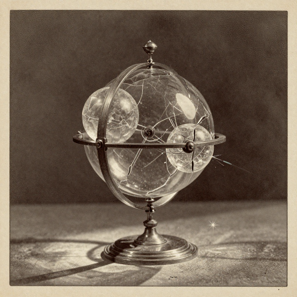 vintage Victorian newspaper photograph, sepia tone, aged paper texture, halftone dot printing, 1890s photojournalism, slight grain, archival quality, authentic period photography, A fractured-glass orrery, its interlocking spheres made of translucent quantum-etched crystal and weathered brass, suspended in midair; one sphere slowly cracks and regenerates in a different configuration every few seconds, scattering faint prismatic sparks onto the surface below; illuminated by sharp side light from a narrow beam, casting long, jagged shadows; atmosphere of quiet instability, as if the device is perpetually simulating unseen catastrophes just beyond perception [Z-Image Turbo]
