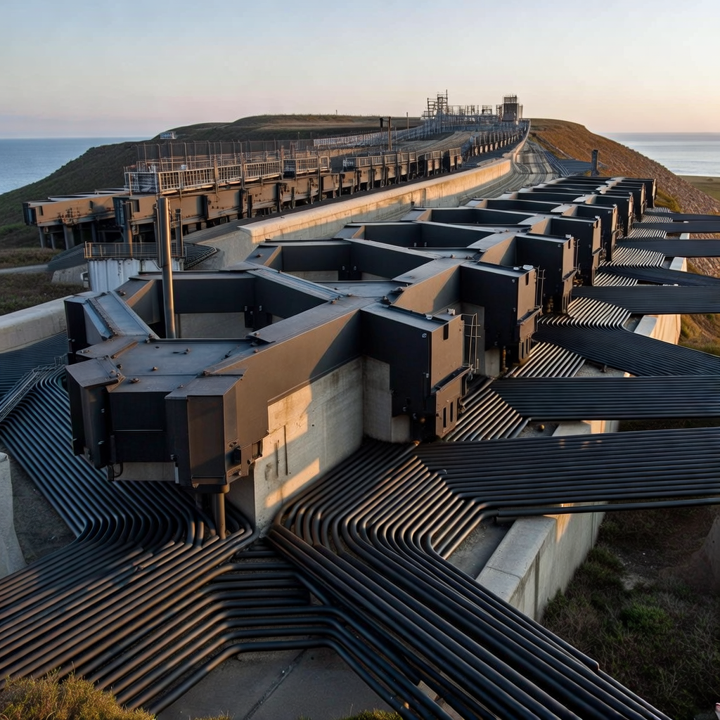 industrial scale photography, clean documentary style, infrastructure photography, muted industrial palette, systematic perspective, elevated vantage point, engineering photography, operational facilities, a lattice of synchronized docking bays and buried fiber conduits fanning across a coastal ridge, matte-black polymer channels and reinforced concrete berms, side-lit by low-angle dawn light casting long parallel shadows, atmosphere of quiet readiness and invisible reach [Bria Fibo]