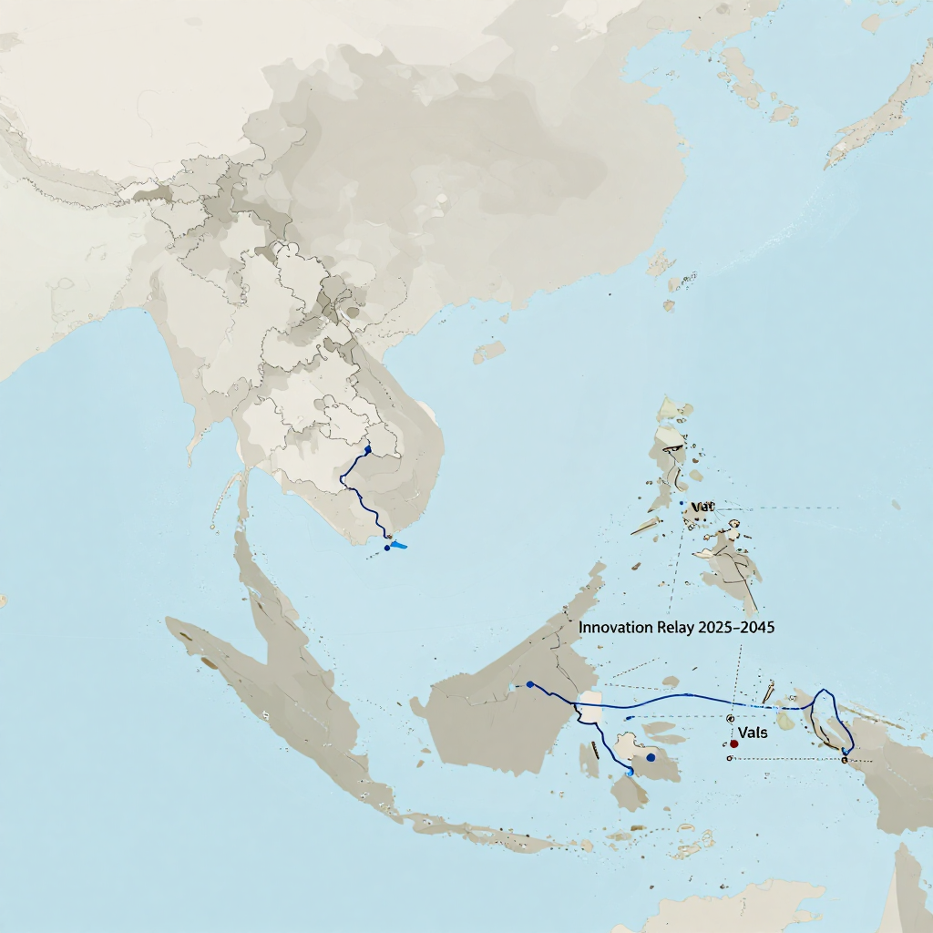 flat color political map, clean cartographic style, muted earth tones, no 3D effects, geographic clarity, professional map illustration, minimal ornamentation, clear typography, restrained color coding, flat 2D political map of Southeast Asia, clean vector lines, subtle gradient distinguishing economic regions, faint annotated path in deep blue tracing from Singapore to Viet Nam labeled 'Innovation Relay 2025–2045', with dashed extension toward future nodes, soft directional lighting from the west, atmosphere of quiet momentum [Z-Image Turbo]